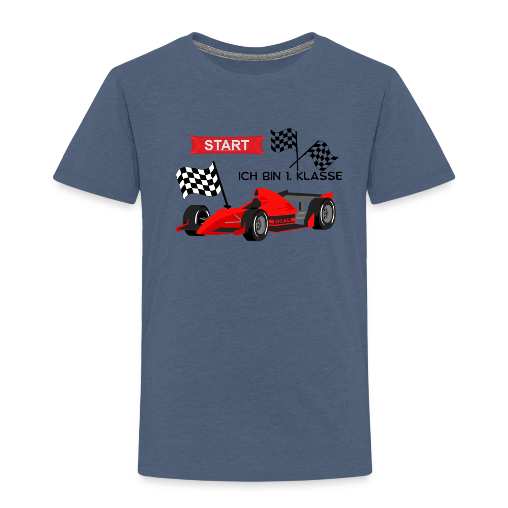 Kinder Premium T-Shirt - Einschulung 2023 Rennauto - Blau meliert