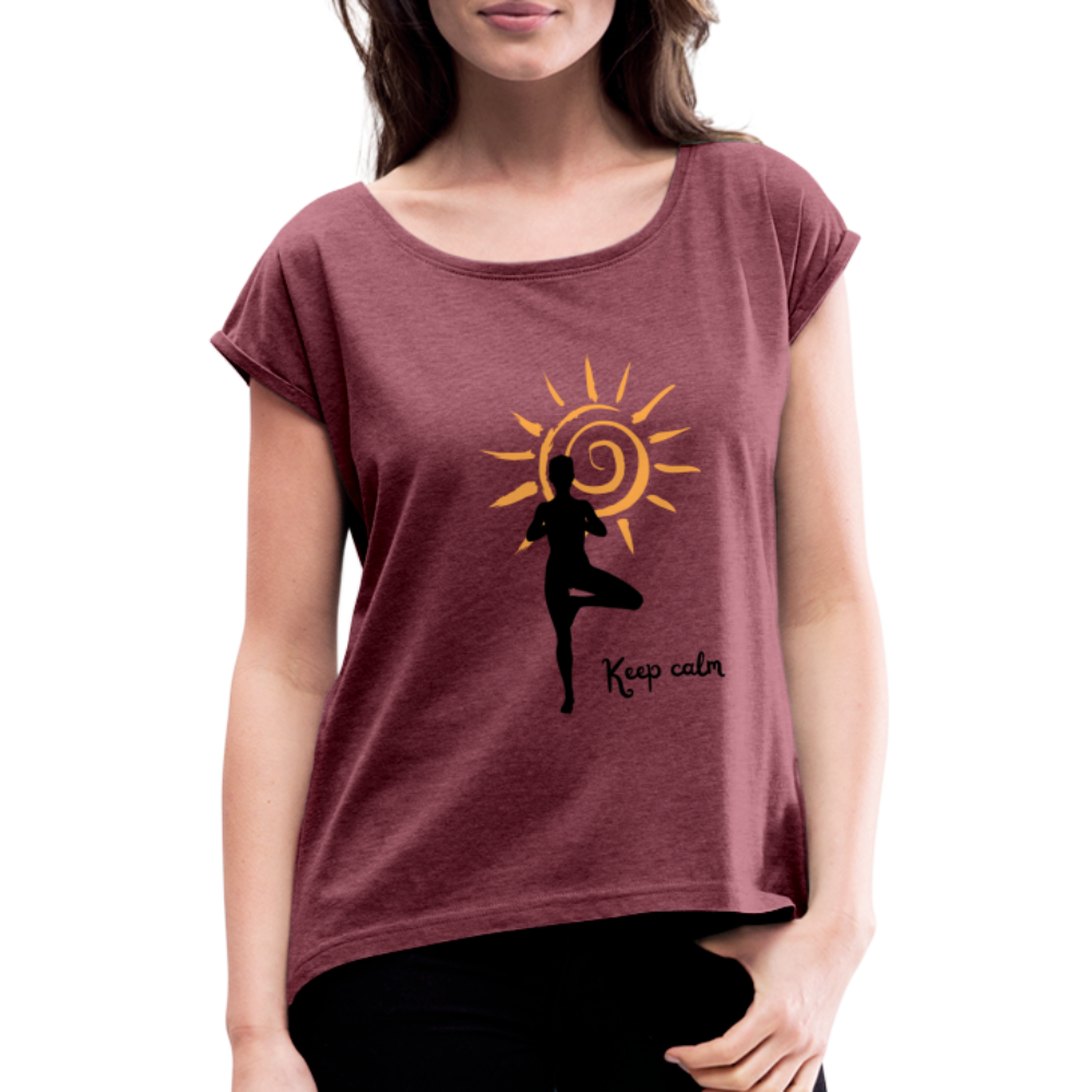 Frauen T-Shirt mit gerollten Ärmeln - Keep calm - Bordeauxrot meliert