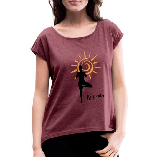 Frauen T-Shirt mit gerollten Ärmeln - Keep calm - Bordeauxrot meliert