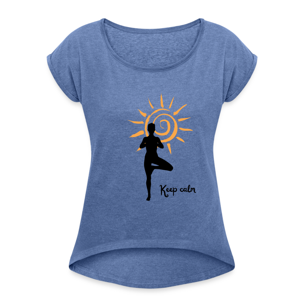 Frauen T-Shirt mit gerollten Ärmeln - Keep calm - Denim meliert