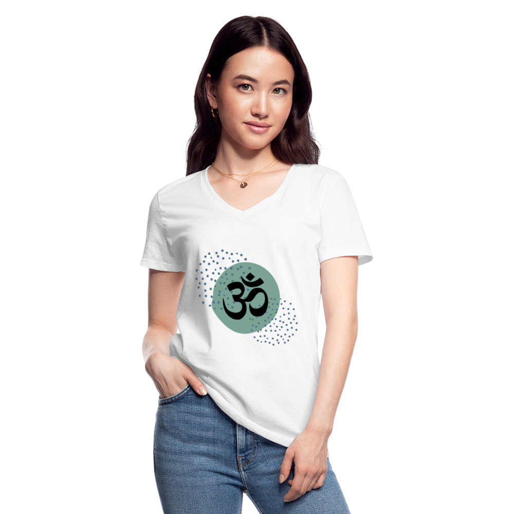 Klassisches Frauen-T-Shirt mit V-Ausschnitt - Om - weiß