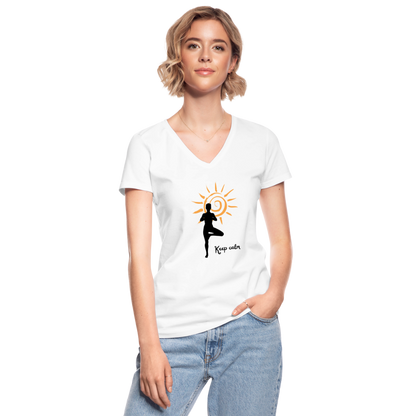 Klassisches Frauen-T-Shirt mit V-Ausschnitt - Keep calm - weiß