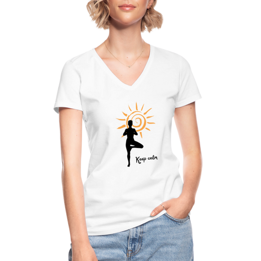 Klassisches Frauen-T-Shirt mit V-Ausschnitt - Keep calm - weiß