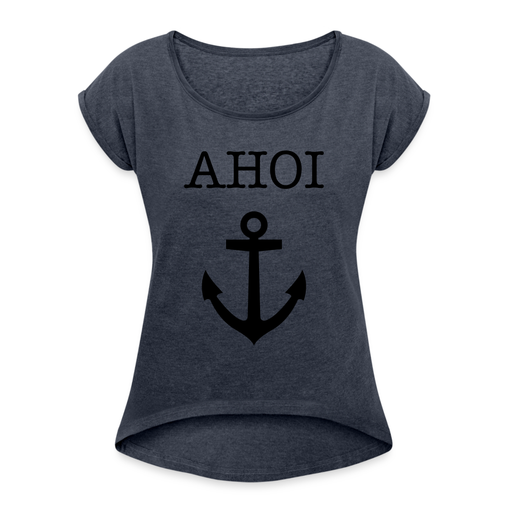 Frauen T-Shirt mit gerollten Ärmeln - Ahoi - Navy meliert