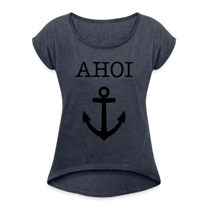 Frauen T-Shirt mit gerollten Ärmeln - Ahoi - Navy meliert