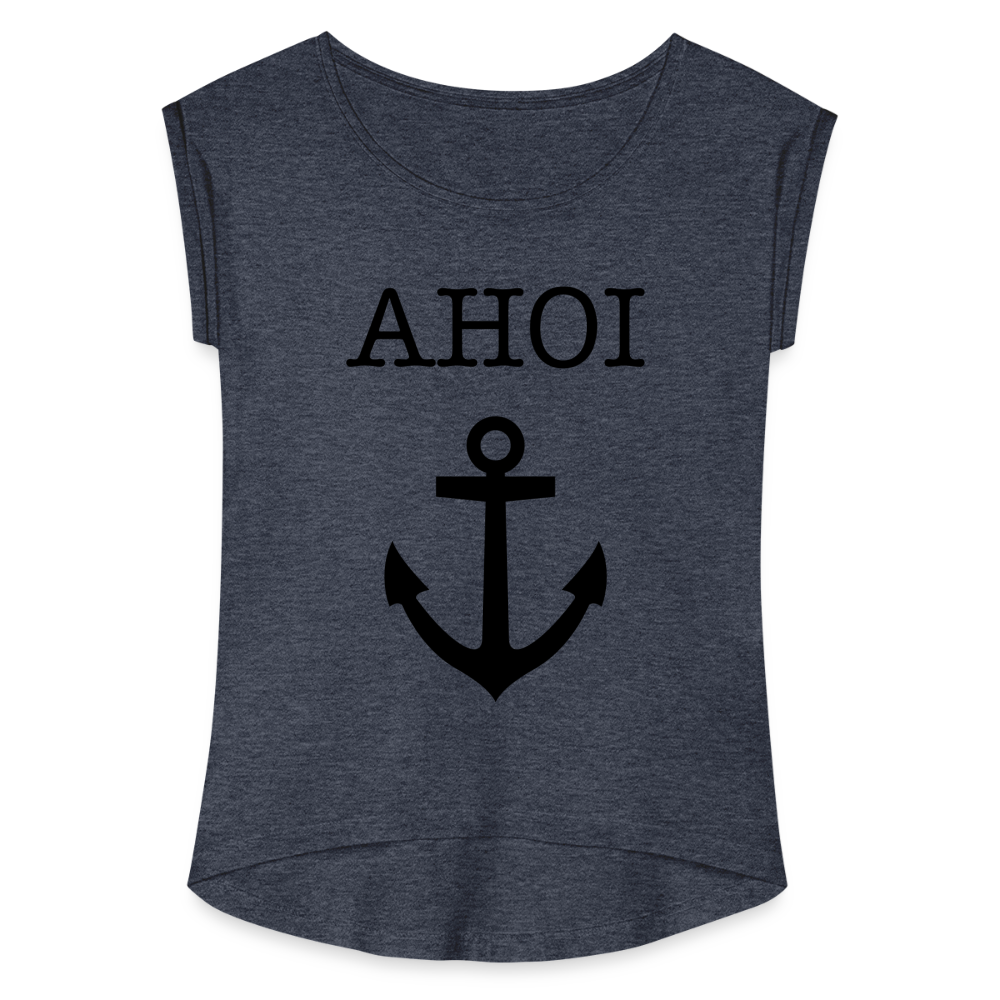 Frauen T-Shirt mit gerollten Ärmeln - Ahoi - Navy meliert