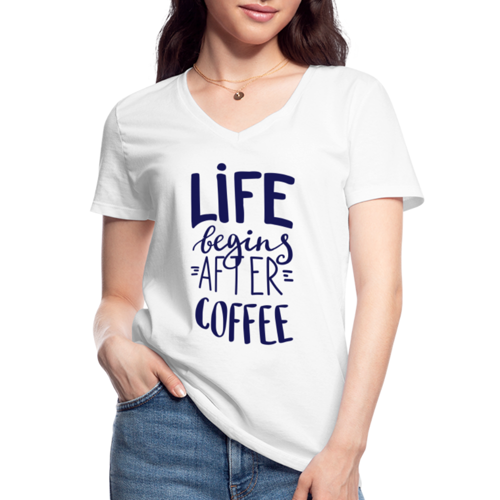 Klassisches Frauen-T-Shirt mit V-Ausschnitt - After coffee - weiß