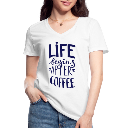 Klassisches Frauen-T-Shirt mit V-Ausschnitt - After coffee - weiß