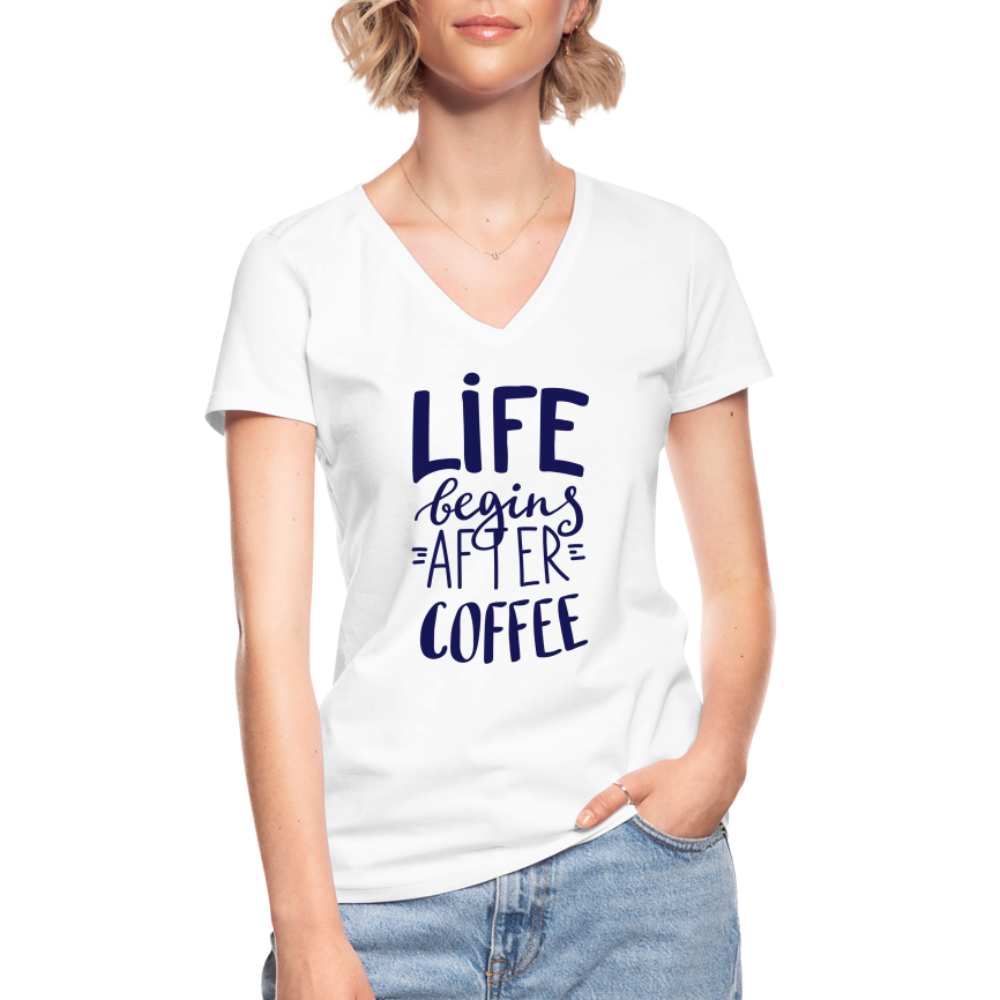 Klassisches Frauen-T-Shirt mit V-Ausschnitt - After coffee - weiß