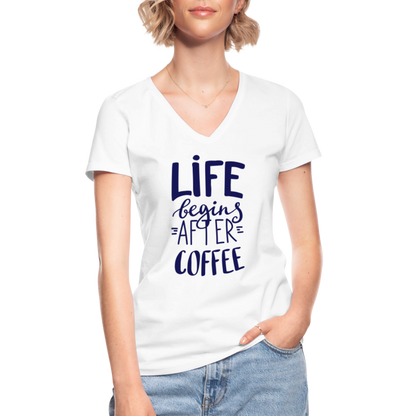 Klassisches Frauen-T-Shirt mit V-Ausschnitt - After coffee - weiß