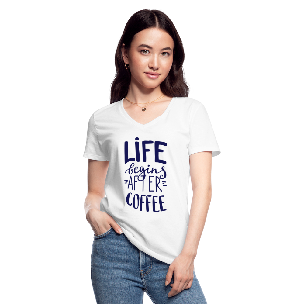 Klassisches Frauen-T-Shirt mit V-Ausschnitt - After coffee - weiß