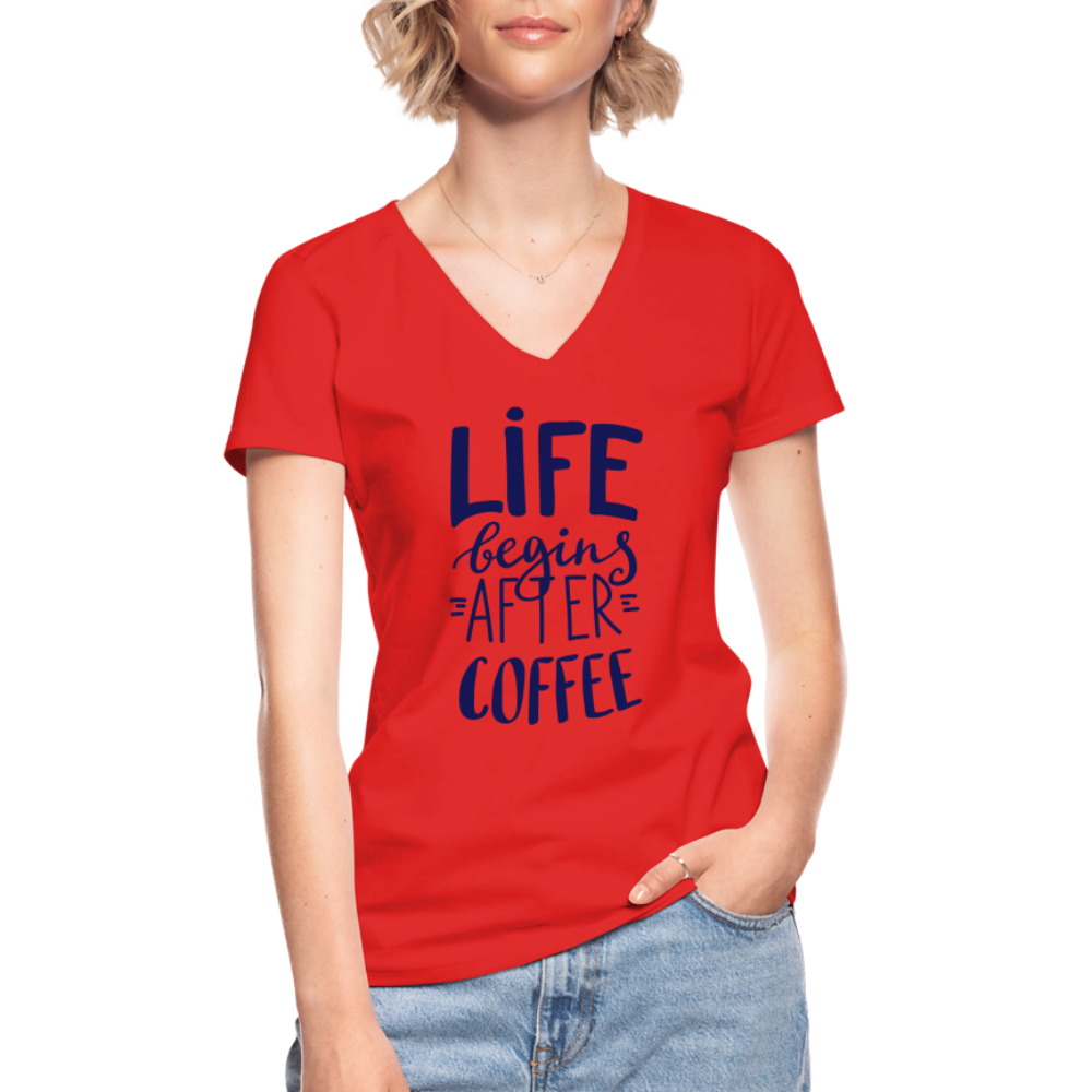 Klassisches Frauen-T-Shirt mit V-Ausschnitt - After coffee - Rot