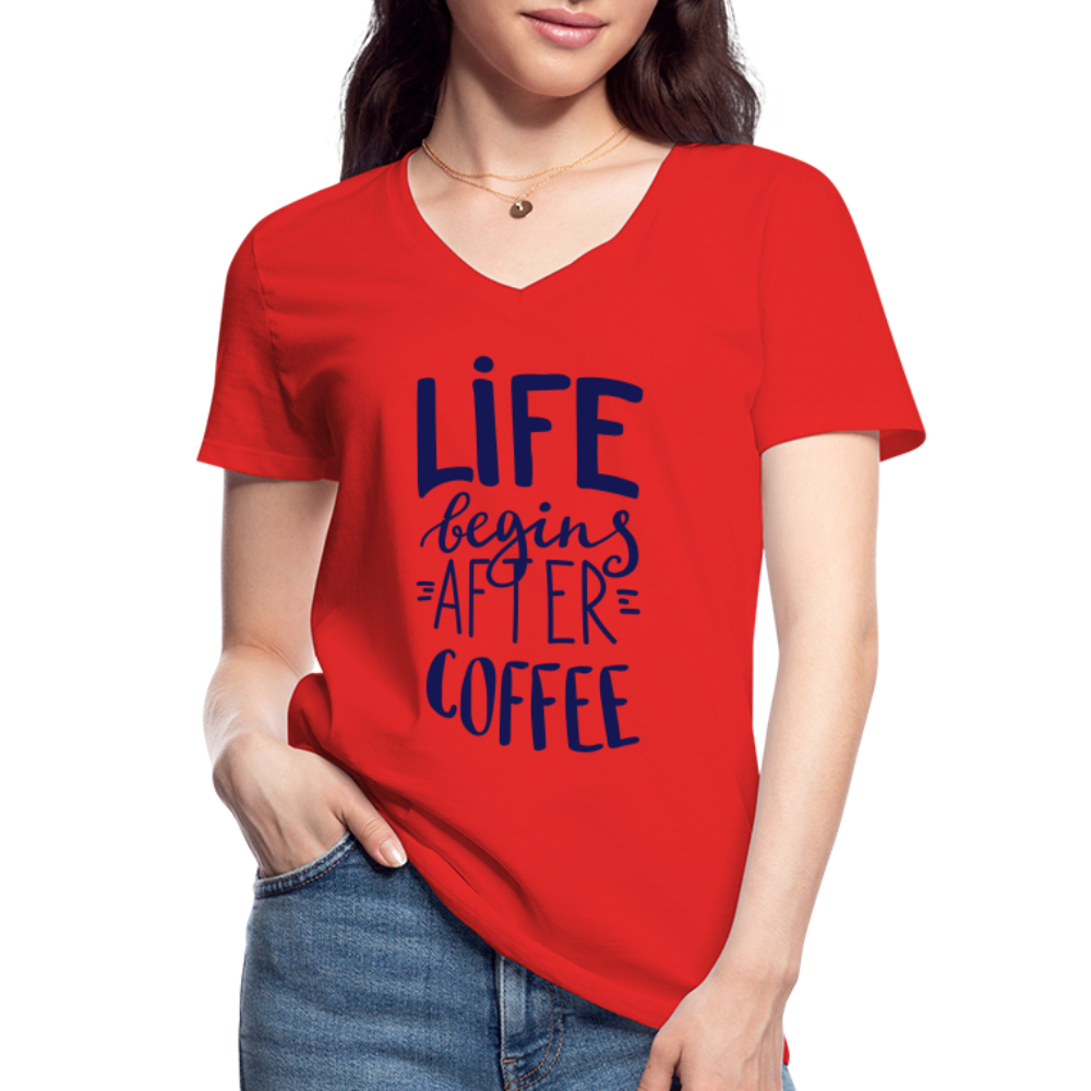 Klassisches Frauen-T-Shirt mit V-Ausschnitt - After coffee - Rot