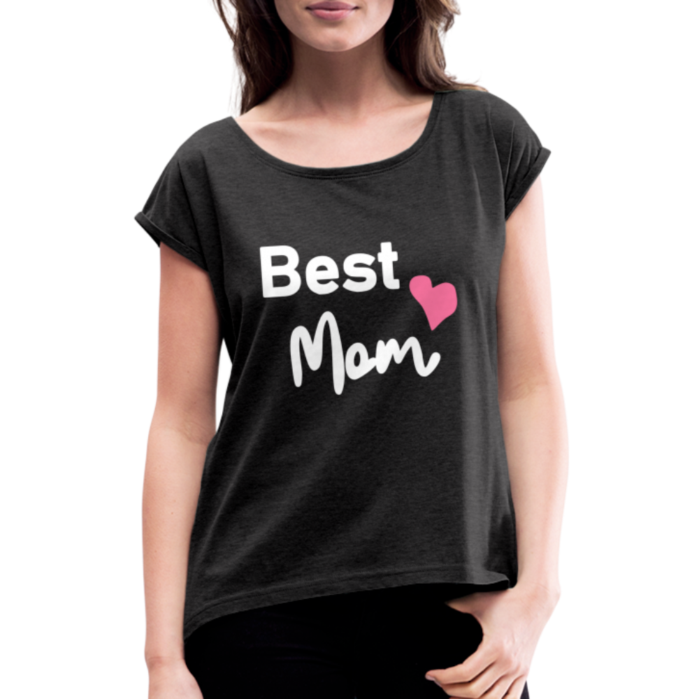 Frauen T-Shirt mit gerollten Ärmeln - Best Mom Herz - Schwarz meliert