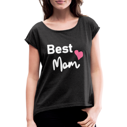 Frauen T-Shirt mit gerollten Ärmeln - Best Mom Herz - Schwarz meliert