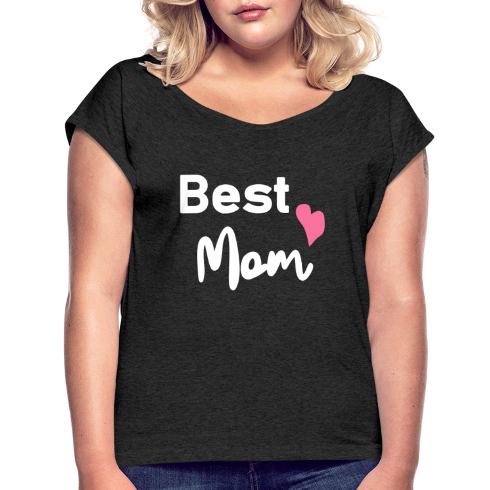 Frauen T-Shirt mit gerollten Ärmeln - Best Mom Herz - Schwarz meliert