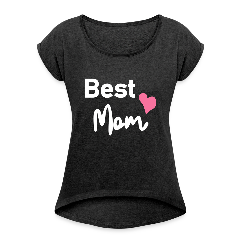 Frauen T-Shirt mit gerollten Ärmeln - Best Mom Herz - Schwarz meliert