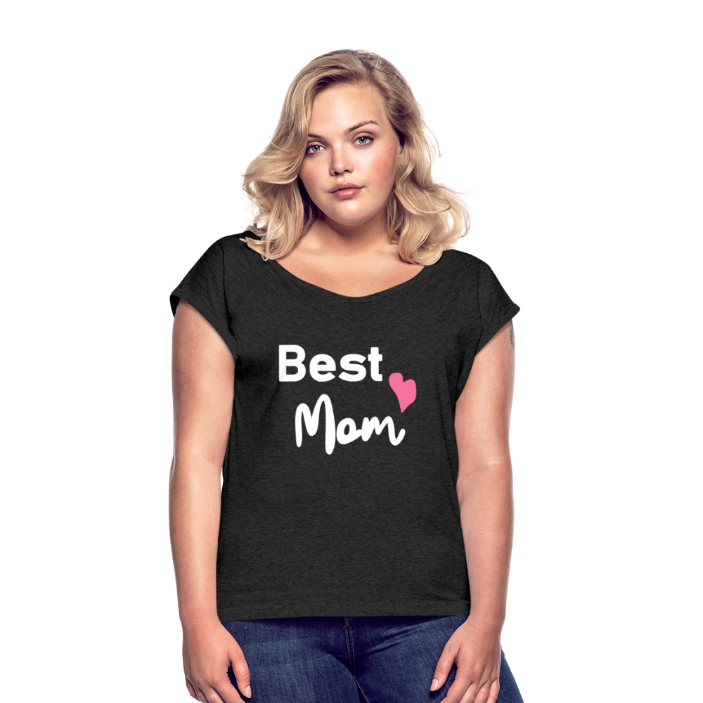 Frauen T-Shirt mit gerollten Ärmeln - Best Mom Herz - Schwarz meliert