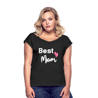 Frauen T-Shirt mit gerollten Ärmeln - Best Mom Herz - Schwarz meliert