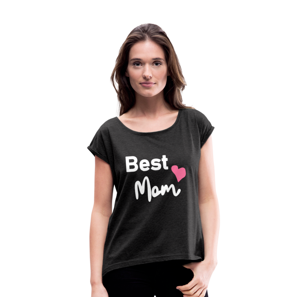 Frauen T-Shirt mit gerollten Ärmeln - Best Mom Herz - Schwarz meliert