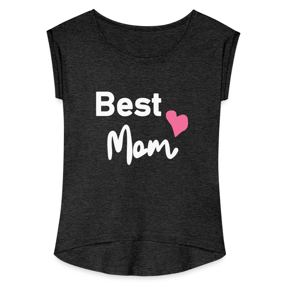 Frauen T-Shirt mit gerollten Ärmeln - Best Mom Herz - Schwarz meliert