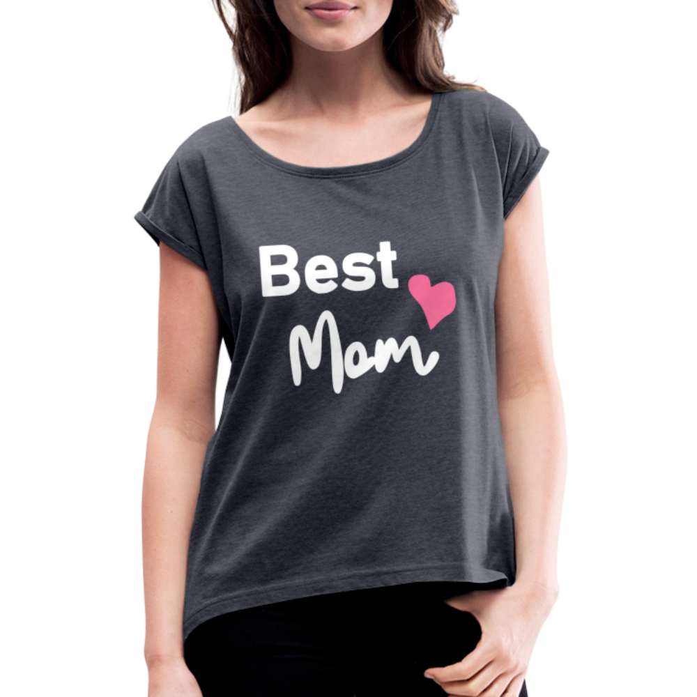 Frauen T-Shirt mit gerollten Ärmeln - Best Mom Herz - Navy meliert