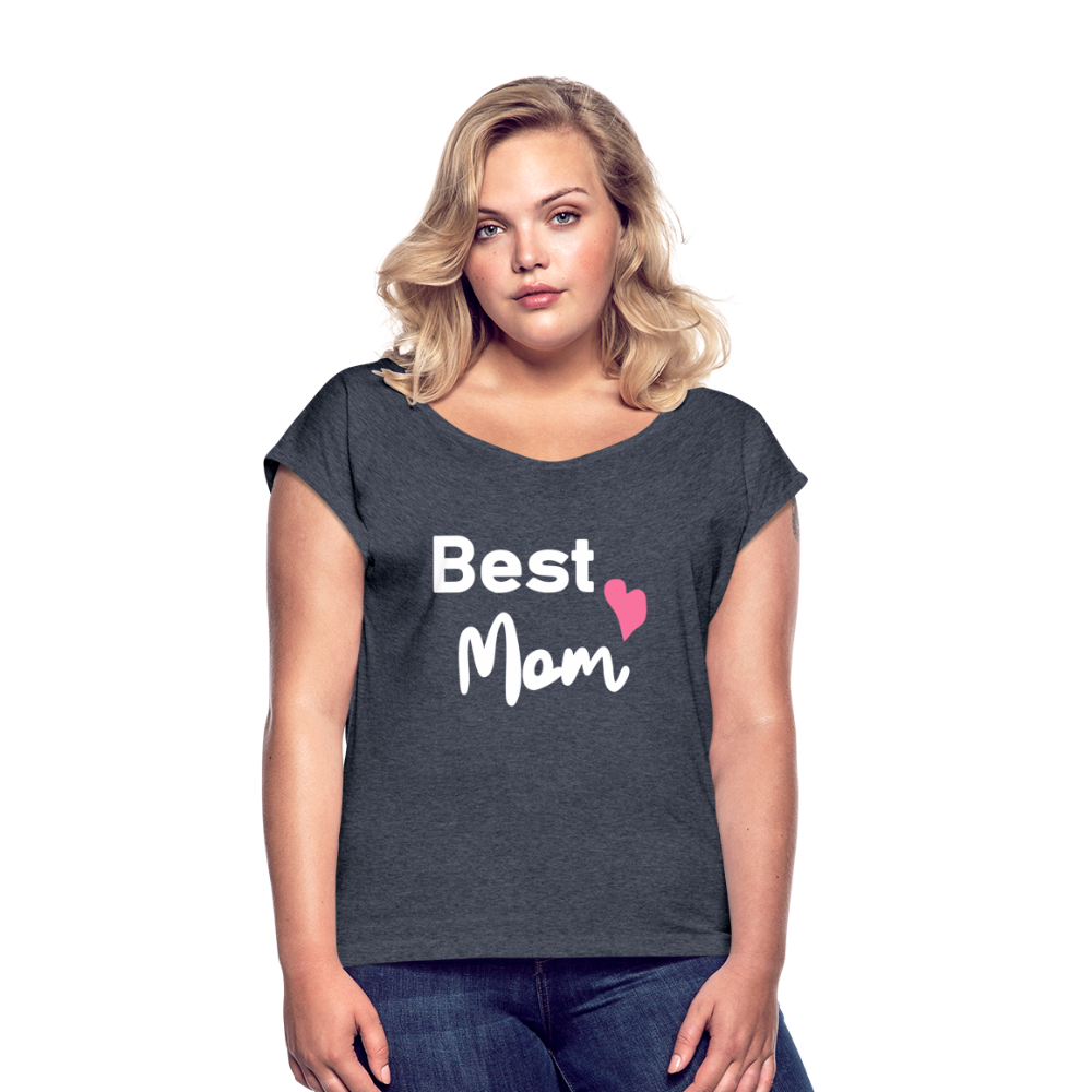 Frauen T-Shirt mit gerollten Ärmeln - Best Mom Herz - Navy meliert