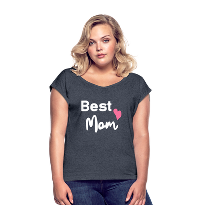 Frauen T-Shirt mit gerollten Ärmeln - Best Mom Herz - Navy meliert