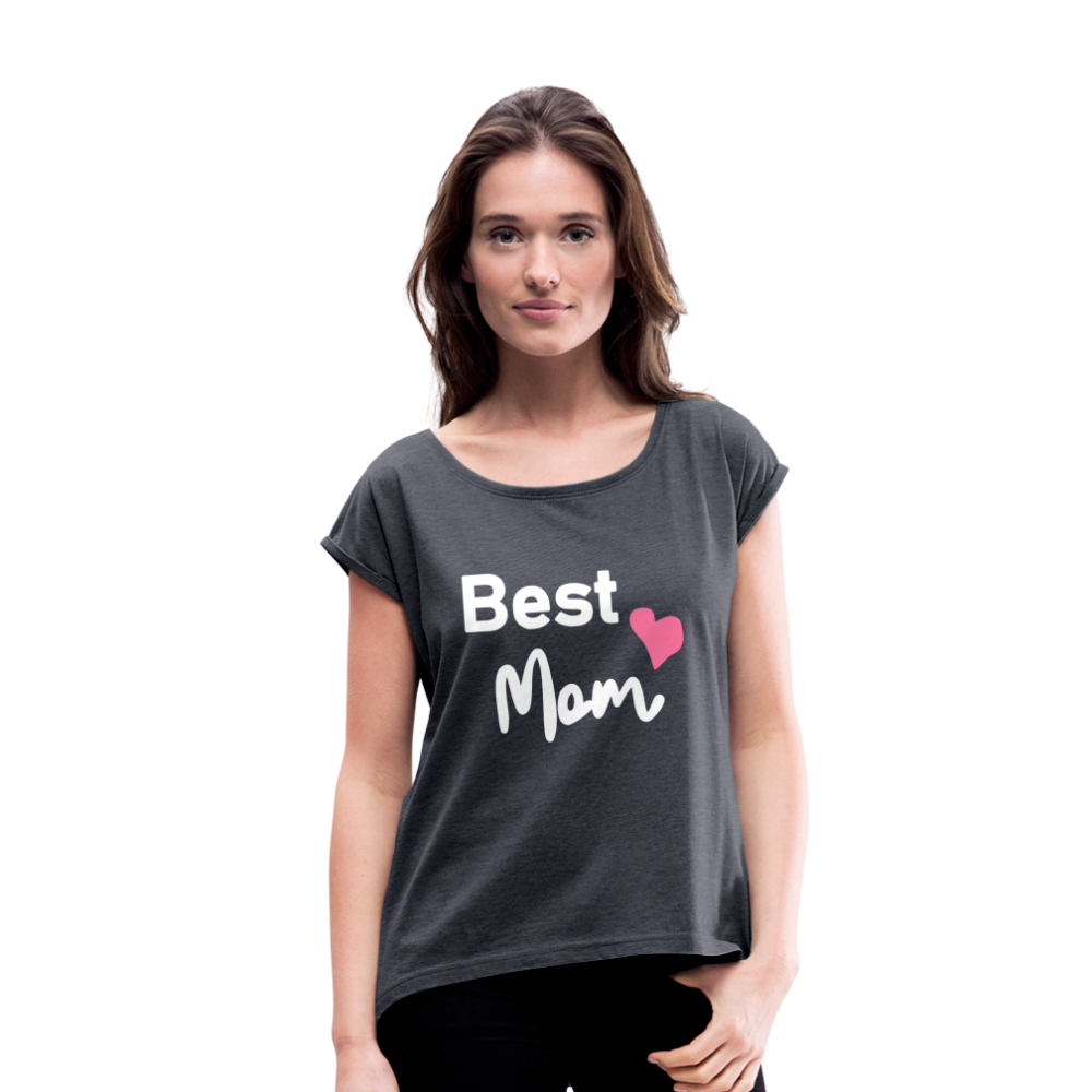 Frauen T-Shirt mit gerollten Ärmeln - Best Mom Herz - Navy meliert