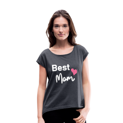 Frauen T-Shirt mit gerollten Ärmeln - Best Mom Herz - Navy meliert