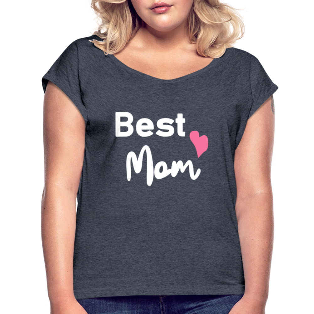 Frauen T-Shirt mit gerollten Ärmeln - Best Mom Herz - Navy meliert