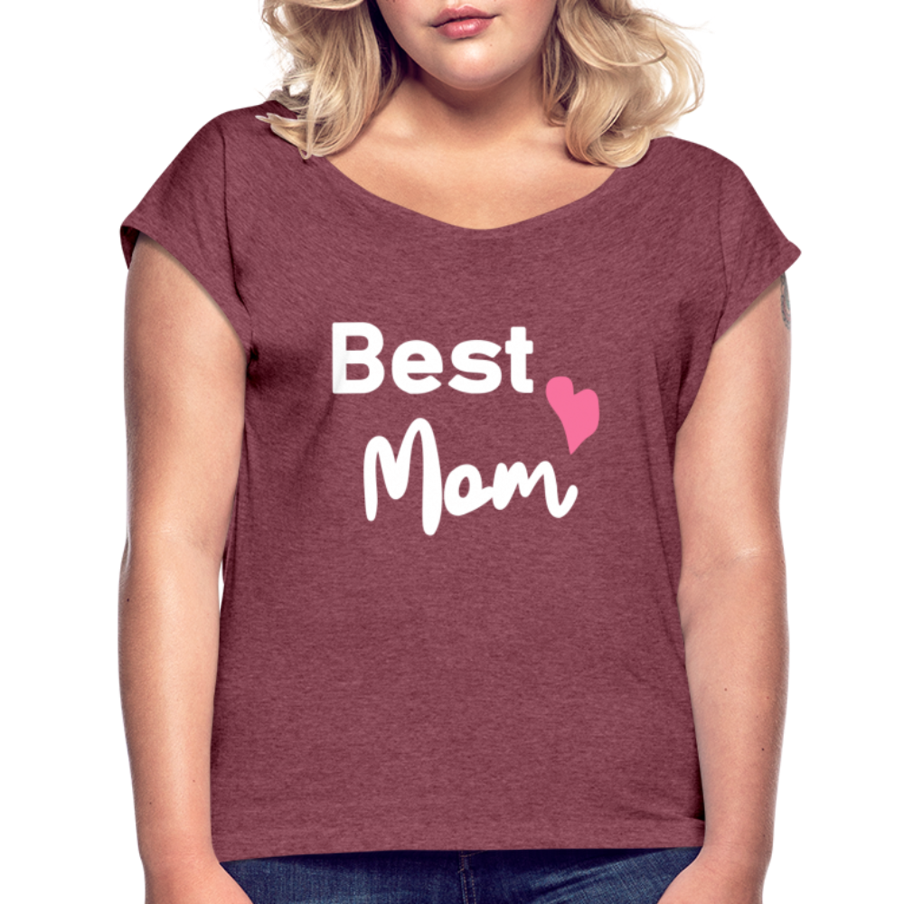 Frauen T-Shirt mit gerollten Ärmeln - Best Mom Herz - Bordeauxrot meliert