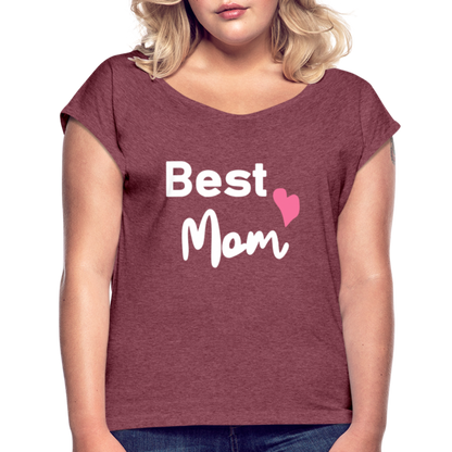 Frauen T-Shirt mit gerollten Ärmeln - Best Mom Herz - Bordeauxrot meliert