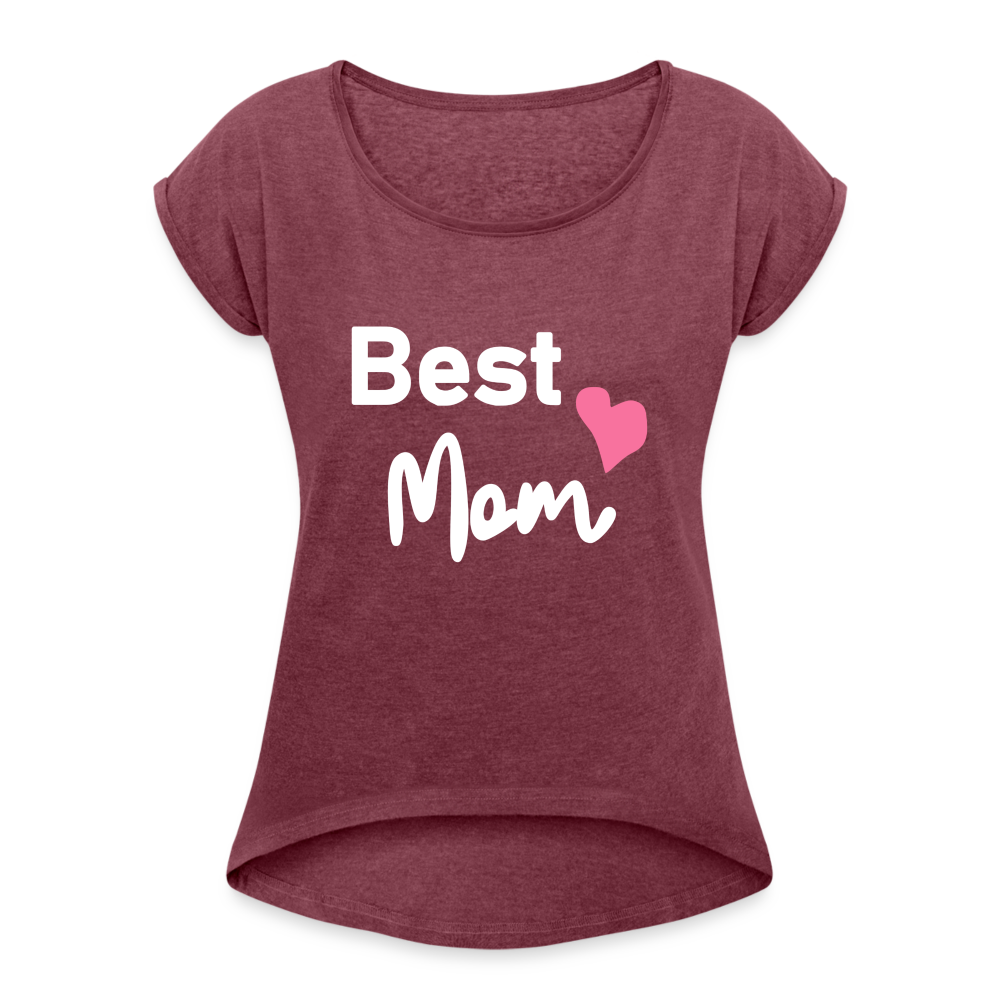 Frauen T-Shirt mit gerollten Ärmeln - Best Mom Herz - Bordeauxrot meliert