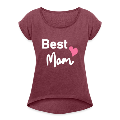 Frauen T-Shirt mit gerollten Ärmeln - Best Mom Herz - Bordeauxrot meliert