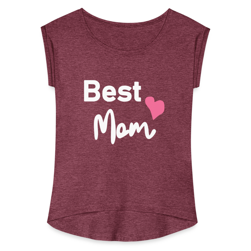 Frauen T-Shirt mit gerollten Ärmeln - Best Mom Herz - Bordeauxrot meliert