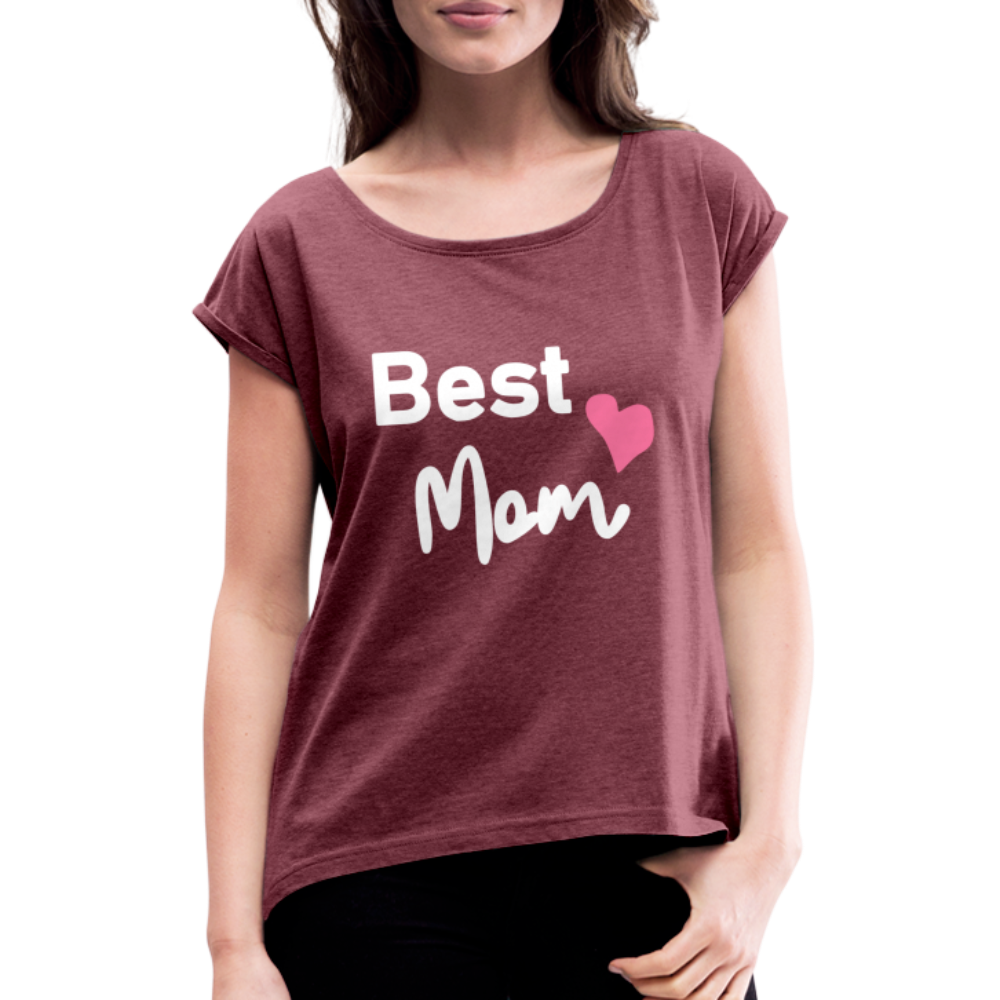 Frauen T-Shirt mit gerollten Ärmeln - Best Mom Herz - Bordeauxrot meliert