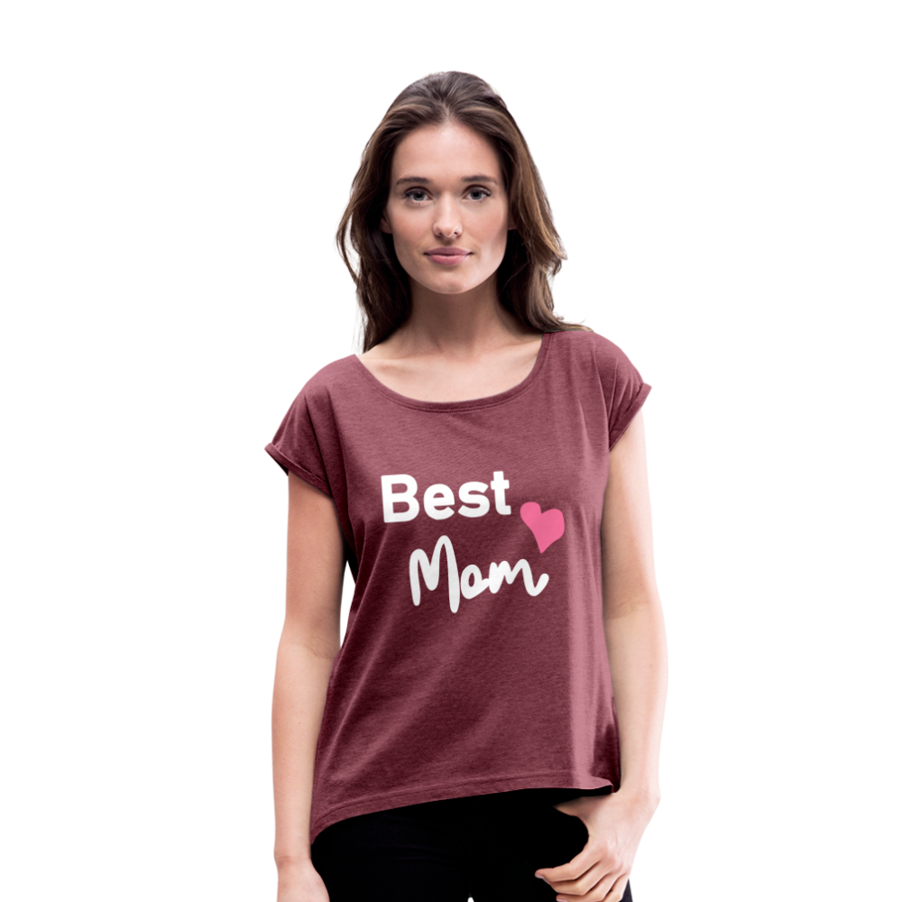 Frauen T-Shirt mit gerollten Ärmeln - Best Mom Herz - Bordeauxrot meliert