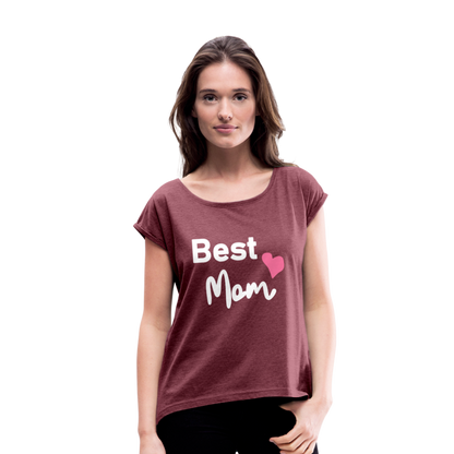 Frauen T-Shirt mit gerollten Ärmeln - Best Mom Herz - Bordeauxrot meliert