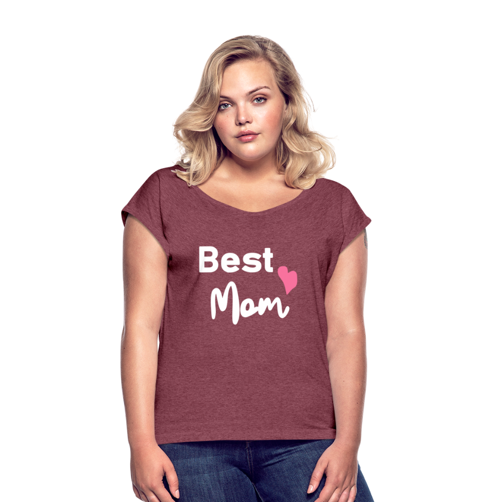 Frauen T-Shirt mit gerollten Ärmeln - Best Mom Herz - Bordeauxrot meliert