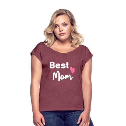 Frauen T-Shirt mit gerollten Ärmeln - Best Mom Herz - Bordeauxrot meliert