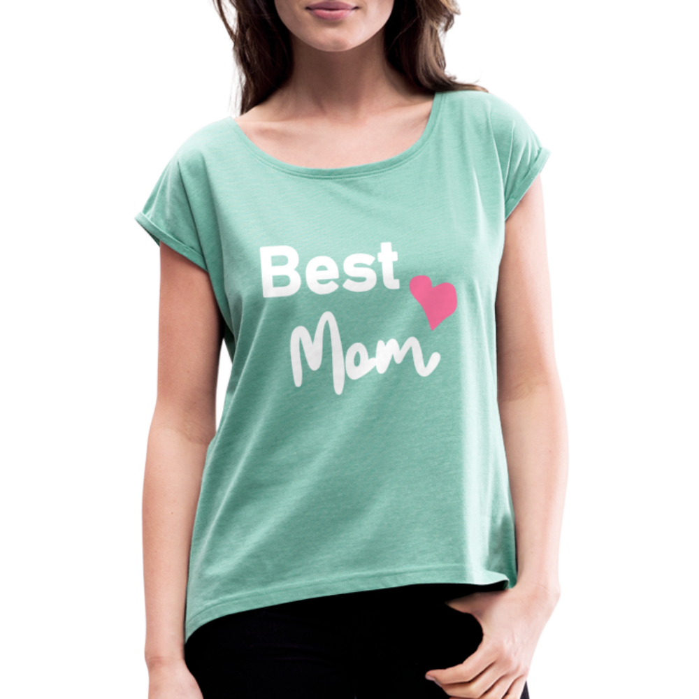 Frauen T-Shirt mit gerollten Ärmeln - Best Mom Herz - Minze meliert