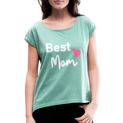 Frauen T-Shirt mit gerollten Ärmeln - Best Mom Herz - Minze meliert