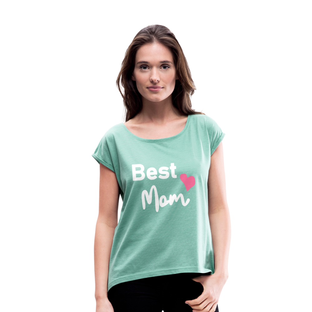 Frauen T-Shirt mit gerollten Ärmeln - Best Mom Herz - Minze meliert