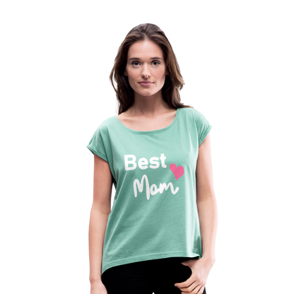 Frauen T-Shirt mit gerollten Ärmeln - Best Mom Herz - Minze meliert