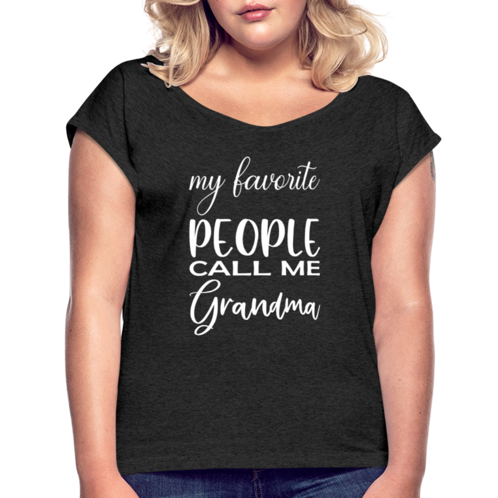 Frauen T-Shirt mit gerollten Ärmeln - Grandma - Schwarz meliert