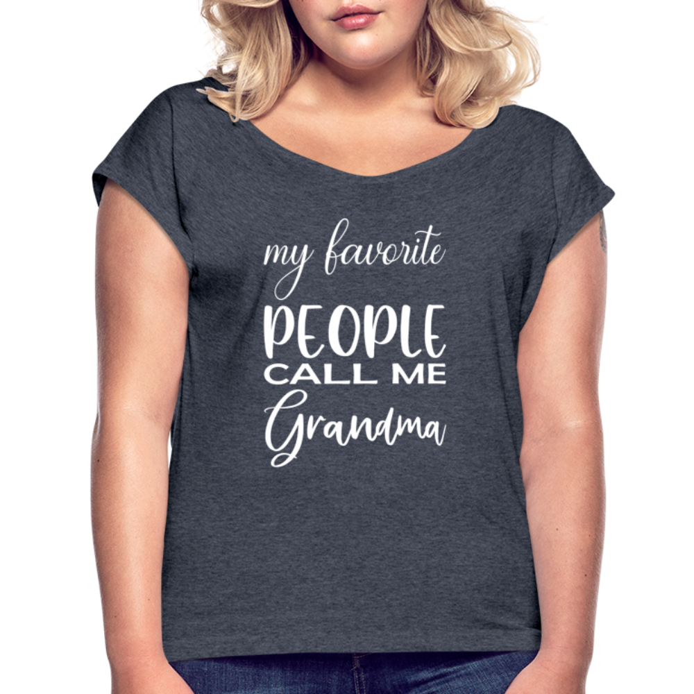 Frauen T-Shirt mit gerollten Ärmeln - Grandma - Navy meliert