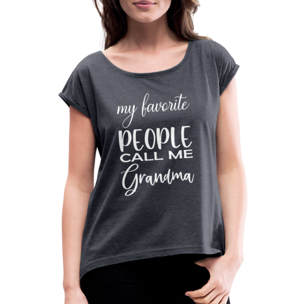 Frauen T-Shirt mit gerollten Ärmeln - Grandma - Navy meliert