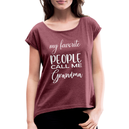 Frauen T-Shirt mit gerollten Ärmeln - Grandma - Bordeauxrot meliert