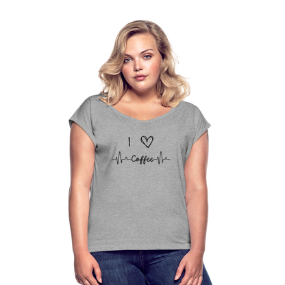 Frauen T-Shirt mit gerollten Ärmeln - I love Coffee - Grau meliert